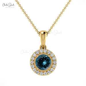 Hallmarked 14k <b>Solid</b> <b>Gold</b> <b>Pendant</b> Genuine 4mm Prong Set London Blue Topaz & Diamond Halo <b>Pendant</b> Customized Jewelry for Women - Product Image 1