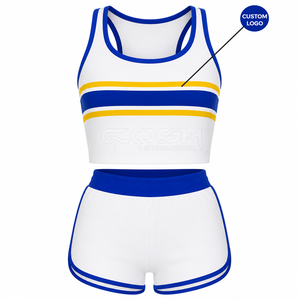 Ensemble sportif 2 pièces Cosh International Sorority Sisterhood, haut court rayé blanc, bleu et jaune, short taille haute sans manches, été - Product Image 5