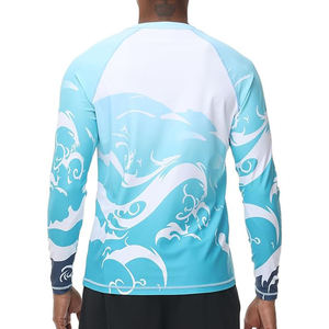 เสื้อแรชการ์ดแขนยาวผู้ชาย ลายคลื่นสีน้ำเงิน ป้องกันรังสียูวี เสื้อว่ายน้ำแขนยาว พิมพ์ลายแบบซับลิเมชั่น เสื้อกีฬา เสื้อดำน้ำ - Product Image 2
