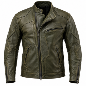 Chaqueta de cuero verde oliva con cuello alto para motociclista, estilo táctico, para carreras, unisex, de piel auténtica, proveedor mayorista - Product Image 1