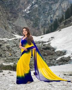 AARA Fashion <b>Yellow</b> Blue Ombre Modern Women Traditional Indian Wedding Wear Polyester Floor Length Regular Fit <b>Saree</b> for Adults - Product Image 5