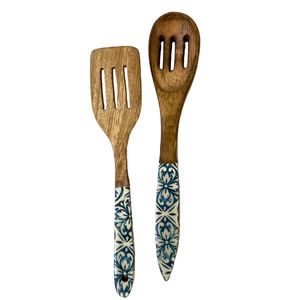 Customized Enamel Printed Wood Spoon With Blue <b>White</b> Patterned Handle Mediterranean Design Dishwasher Safe - Product Image 1