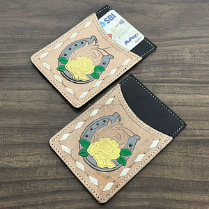 Portefeuille porte-cartes en cuir de vachette artisanal personnalisé en gros, motif floral et fer à cheval, style western, porte-cartes ATM de poche - Product Image 5