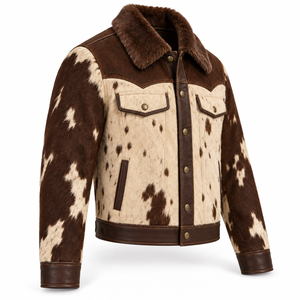 Veste de cowboy pour homme en patchwork de cuir de vachette, style western trucker, avec col en peluche, coupe courte, boutonnée sur le devant, vêtement d'extérieur décontracté urbain et tendance - Product Image 3