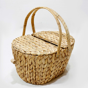 Round Water Hyacinth Handmade Eco-Friendly Picnic <b>Basket</b> with Lid <b>Storage</b> <b>Baskets</b> for Outdoor Camping Picnicking - Product Image 4