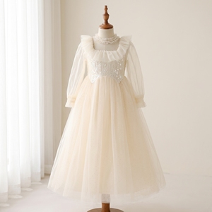 Robe de concours de beauté de luxe Aurora pour filles, robe de princesse en tulle et satin pailleté couleur champagne, avec dentelle et sequins, manches longues, longueur ras du sol, personnalisable - Product Image 1