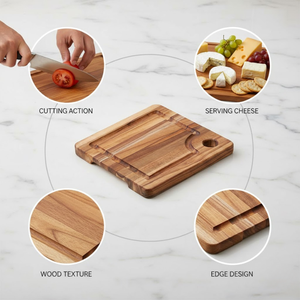 เขียงไม้สักทรงสี่เหลี่ยมแบบหนาพิเศษ |   แผ่นไม้ขอบเรียบแบบกลับด้านได้ พร้อมร่องน้ำหยดและรูมุมสำหรับอาหารในครัว - Product Image 5