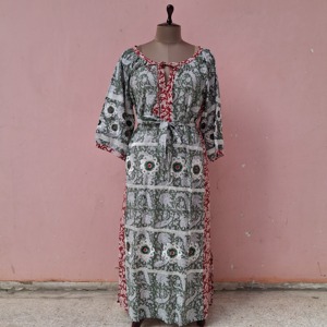 Robe longue en coton imprimé de qualité supérieure, brodée, coupe ample, pour femme, décontractée, tissée, taille élastique, manches longues, idéale pour l'été - Product Image 4