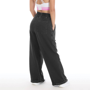 Joggers pour femmes de haute qualité, délavés à l'acide, à jambe large, à ourlet déchiré, délavés à la pierre - Product Image 2
