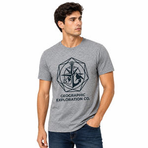 Camiseta de Manga Corta Gris para Hombre de Geographic Exploration Co. con Estampado Geométrico de Ancla, Cuello Redondo, Corte Regular, 100% Algodón - Product Image 1