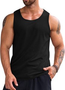 Camiseta sin mangas para hombre, diseño acanalado a rayas, cuello redondo, tejido transpirable, informal, mezcla de algodón y spandex. - Product Image 2