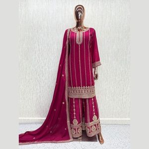 Premium Heavy Chinon Embroidered <b>Top</b> Palazzo Set With Designer <b>Sequins</b> Dupatta <b>Party</b> Wear Manufacturer By Royal Exports - Product Image 4