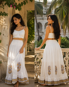 Heritage <b>White</b> Garment Women Vintage Rose Print Tiered <b>Maxi</b> Bottom Smocked High Waistband Gathered Ruffle Layered Outwear - Product Image 4