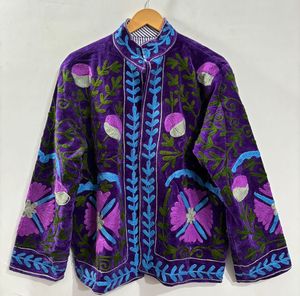 เสื้อแจ็คเก็ตกำมะหยี่ปักลายวินเทจสำหรับผู้หญิง  รักษ์โลก  ลายดอกไม้สไตล์ซูซานี  คอตั้ง  โลโก้  แขนยาว  ผ้าฝ้ายถัก - Product Image 5