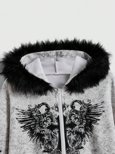 Sweat-shirt d'hiver décontracté pour femme Fasmic International Grey Gothic, fermeture éclair, en laine, fausse fourrure, capuche, doublure respirante - Product Image 3