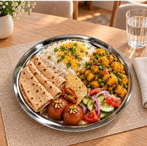 Plateau de service alimentaire en acier inoxydable, plateau à compartiments pour dîner, vaisselle indienne pour la maison, restaurant, hôtel, restauration, vente en gros - Product Image 6