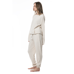 Conjunto de Pijama de Dos Piezas de Punto Crema para Mujer, Manga Larga, Cuello Redondo, Corte Holgado, Ropa Casual, Color Sólido, Transpirable, para Todas las Temporadas - Product Image 5