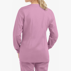 Veste de travail médicale à prix de gros, sans col, à fermeture à boutons-pression, manches longues, poignets tricotés, coutures ajustées, vestes de travail personnalisées - Product Image 2
