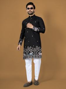 Conjunto de Kurta y Pijama Tradicional para Hombre, Bordado en Seda Real, para Bodas y Diwali - Product Image 3
