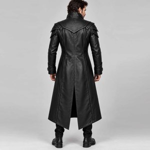 Men's Black Gothic <b>Leather</b> <b>Long</b> <b>Coat</b> Steampunk <b>Trench</b> <b>Coat</b> with Layered Shoulder Panels Triple Zipper Detail High Collar Custom - Product Image 4