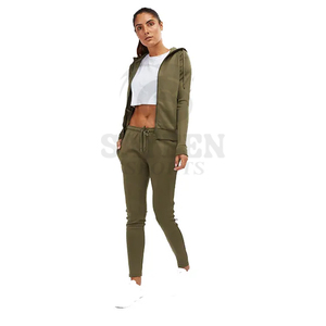 Women Olive Green Hooded <b>Tracksuit</b> Set Full Sleeve Zipper Front Side Pockets Sporty Casual Autumn Wear - Product Image 2