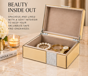 Caja de Almacenamiento de Joyas de Vidrio Dorado Cálido con Banda de Cristal y Acento de Mariposa, Acabado Brillante, Forro Suave, Organizador Decorativo - Product Image 3