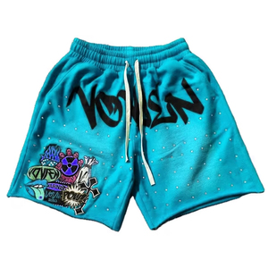 Pantalones Cortos de Forro Polar con Estampado de Graffiti para Hombre, con Cordón Ajustable y Bordado de Diamantes de Imitación, Estilo Hip Hop, Venta al por Mayor OEM - Product Image 3