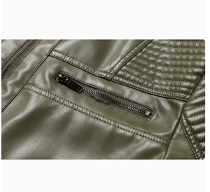 TRIBON SPORTS Men's Olive Green Cowhide Leather Bomber <b>Jacket</b> Stand Collar Zipper Closure <b>Slim</b> <b>Fit</b> Winter Casual Embroidered - Product Image 3