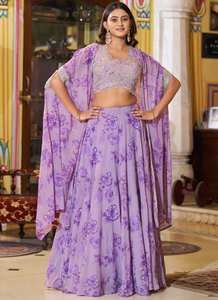 Lehenga Choli de Georgette Morado para Mujer, Completamente Cosido, con Bordado de Hilo y Lentejuelas - Product Image 3