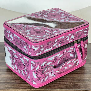 Women Fashionable Hand Tooled Leather Cosmetic <b>Case</b> <b>Medium</b> Size Cowhide Print Zipper Closure Portable Soft Handle Jewelry Box - Product Image 4