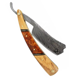 Navaja de afeitar recta de acero de Damasco con mango de madera y detalles de latón, fabricante de navajas de afeitar personalizadas - Product Image 4