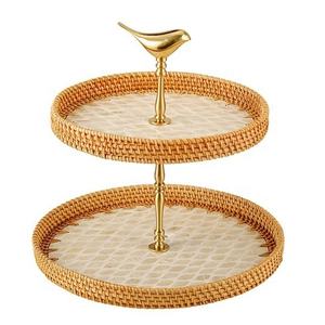 Plateau en rotin à Snack à Double couche de Style Unique de luxe avec incrustation de nacre plateau de service rond à 2 niveaux - Product Image 1
