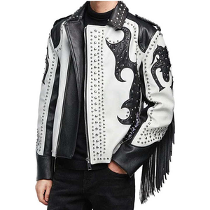 Premium White Genuine Leather Men <b>Rhinestone</b> Fringe <b>Jacket</b> Studded Flame Style Moto Biker <b>Jacket</b> OEM Customization Available - Product Image 2