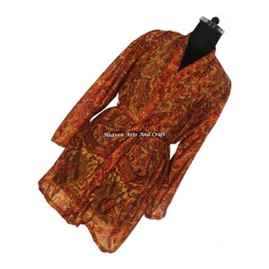 KS008 Hermoso Kimono Sari Vintage, Túnica Corta, Estampado Floral de Verano, Estilo Bohemio, Manga Larga, para Vacaciones - Product Image 4