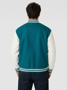 <b>Men's</b> Custom Casual Varsity Bomber <b>Jacket</b> Contrast Sleeve Baseball Style Outerwear Ribbed Trim Snap Button Front Waterproof - Product Image 3