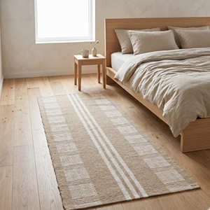 8x10 Striped Flat Weave Area Rug Pure Soft Cotton Rectangle Non-Slip Bedroom Rug Beige White Patterned Floor <b>Mat</b> from India - Product Image 1