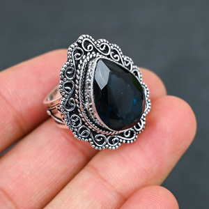 Bague en argent sterling 925 avec onyx noir synthétique et pierre en forme de poire, faite à la main, ornée de pierres précieuses turquoise, bijoux de mariage – Nouveauté très prisée - Product Image 2