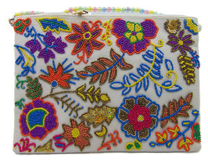 Pochette de soirée colorée faite à la main en satin brodée de perles florales avec chaînes, sac à bandoulière pour femme avec rabat - Product Image 1