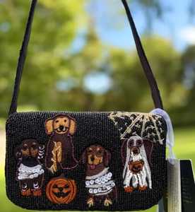 Sac à bandoulière perlé d'Halloween fait main, motif maison hantée orange, fantôme et chauve-souris, sac à rabat pour femme, pochette de soirée - Product Image 4