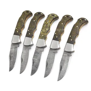 UA Supplies Hand Forged Damascus Steel Hunting Clip Point Folding <b>Knife</b> 0.5mm Mosaic Wood <b>Handle</b> Lockback Pocket EDC Industrial - Product Image 1
