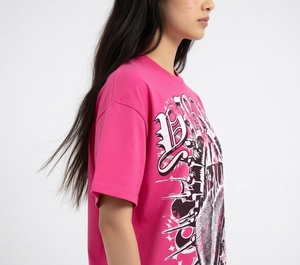 T-shirt unisexe rose vif surdimensionné personnalisé, motif punk rock, style métal vieilli, imprimé lèvres, streetwear Y2K, fabricant - Product Image 3