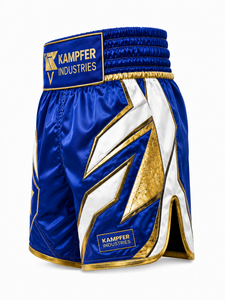 กางเกงมวยไทย MMA สีน้ำเงิน ขาว ทอง พิมพ์ลายแบบ Sublimation สำหรับผู้ใหญ่ 男女 แห้งเร็ว ระบายอากาศได้ดี ผลิตจากโพลีเอสเตอร์ 100% เหมาะสำหรับใส่ในยิม - Product Image 2