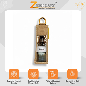 Bolsas de Vino Personalizadas con Logotipo y Diseño para una Sola Botella, 15x14cm, Laminadas, de Yute con Ventana de PVC, Patrón de Letras, Asa de Caña, Alta Calidad - Product Image 2