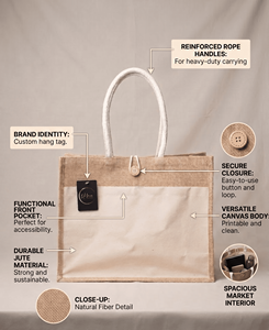 Sacs fourre-tout en toile écologiques Juco avec fermeture à bouton, poignée en sangle de coton, vente en gros, logo personnalisé imprimé, sacs de courses réutilisables - Product Image 4