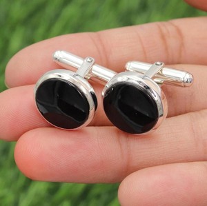 Boutons de manchette de luxe Shama Gems Jewels en onyx noir, argent sterling 925, faits à la main, pierre précieuse ronde de 14 mm pour hommes, garçons d'honneur, cadeau de mariage - Product Image 4