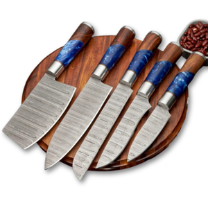 Juego de Cuchillos de Chef de Acero de Damasco Hechos a Mano, 5 Piezas, Hoja Recta, Ambidiestros, Mangos de Resina y Madera de Palisandro, Longitud de Hoja de 5 Pulgadas - Product Image 1