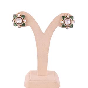 Lab Grown CVD Diamond Polki green inlay Earring Studded 14K Yellow Gold Certified Luxury Jewelry Engagement <b>Gift</b> - Product Image 1