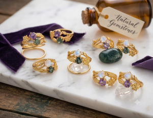 Vintage Leaf Flower Natural Gemstone Assorted Brass 18K <b>Gold</b> Plated Handcrafted Trendy Moonstone <b>Amethyst</b> Botanical Branch <b>Rings</b> - Product Image 3