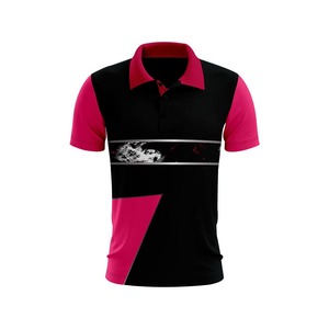 Chemise polo personnalisée noire et rose vif pour homme – Maillot de sport à manches courtes avec sublimation pour équipe - Product Image 3
