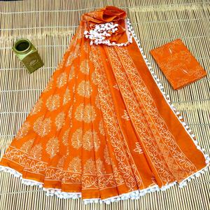 Sari en coton pur Mulmul, imprimé à la main, léger, en coton indien, doux, respirant, idéal pour l'été - Product Image 2